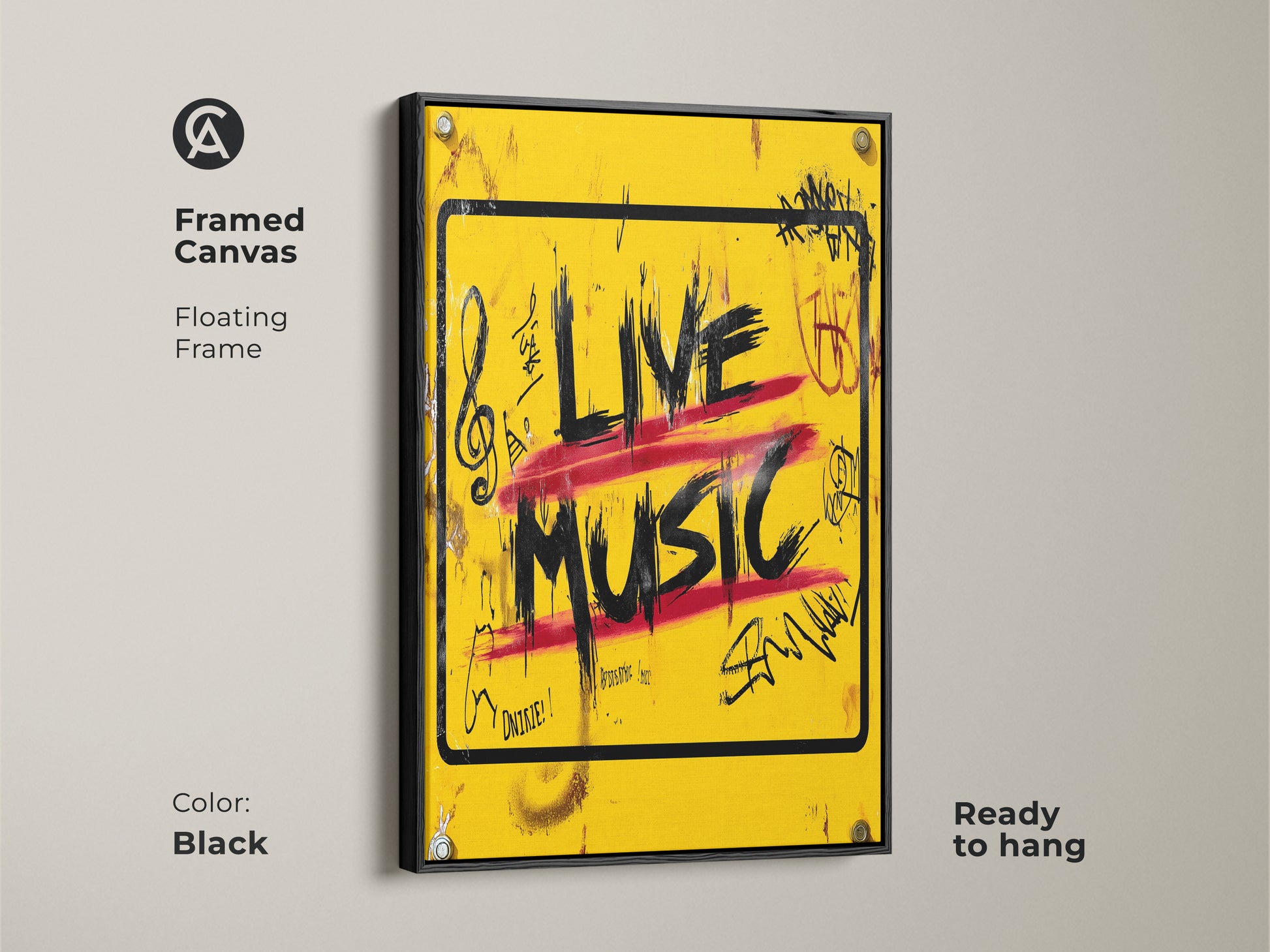 Framed Canvas presents a 'Live Music' graffiti art print in a floating black frame. The bold yellow urban street canvas with red and black accents adds an eclectic vibe. Ready to hang this musician gift idea is perfect for music rooms studios or creative offices.