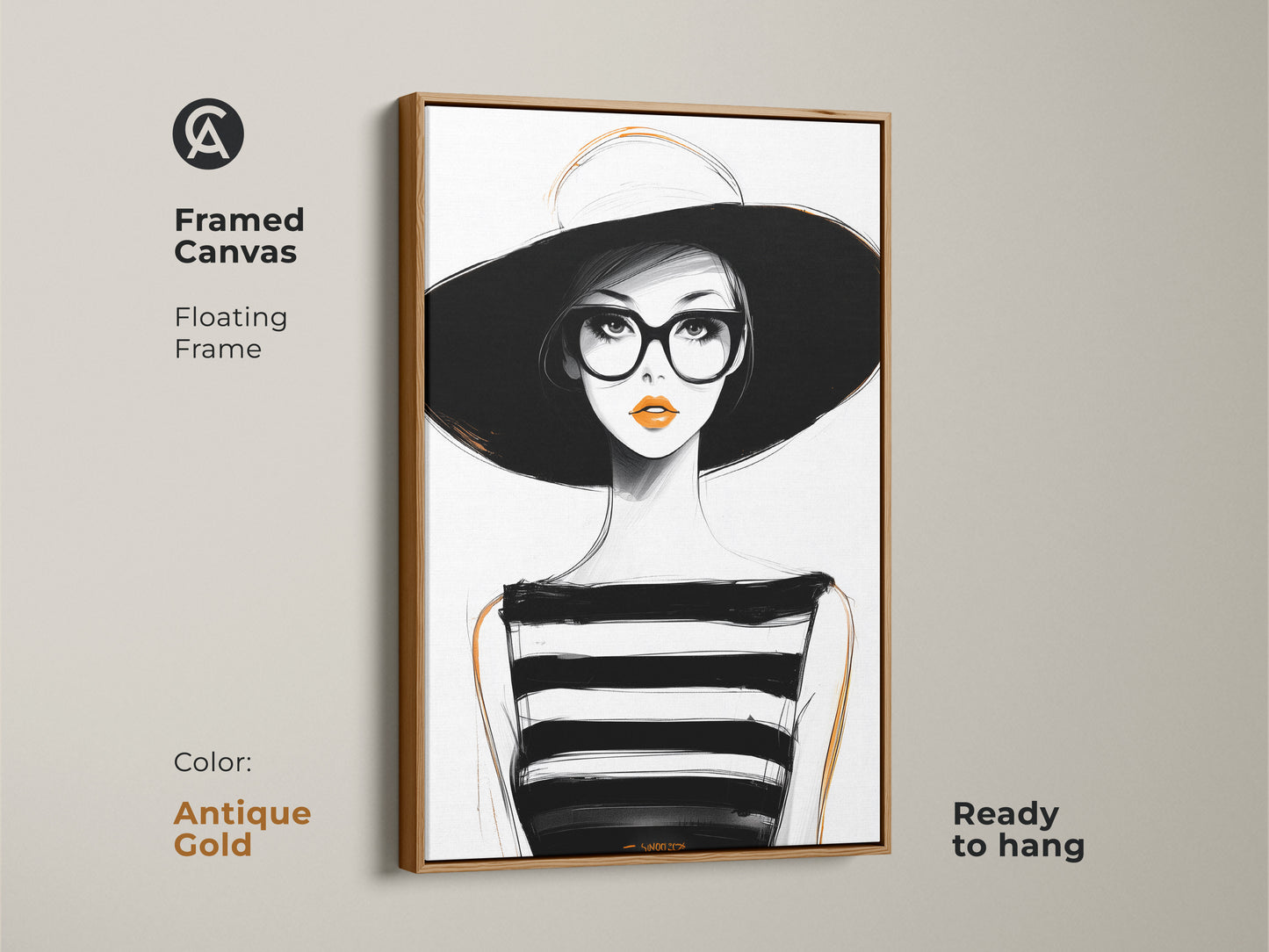 Framed canvas artwork of a minimalist woman. The antique gold floating frame adds a touch of glamour. This black white and orange art is ready to hang. It is ideal for a stylish fashion gift.