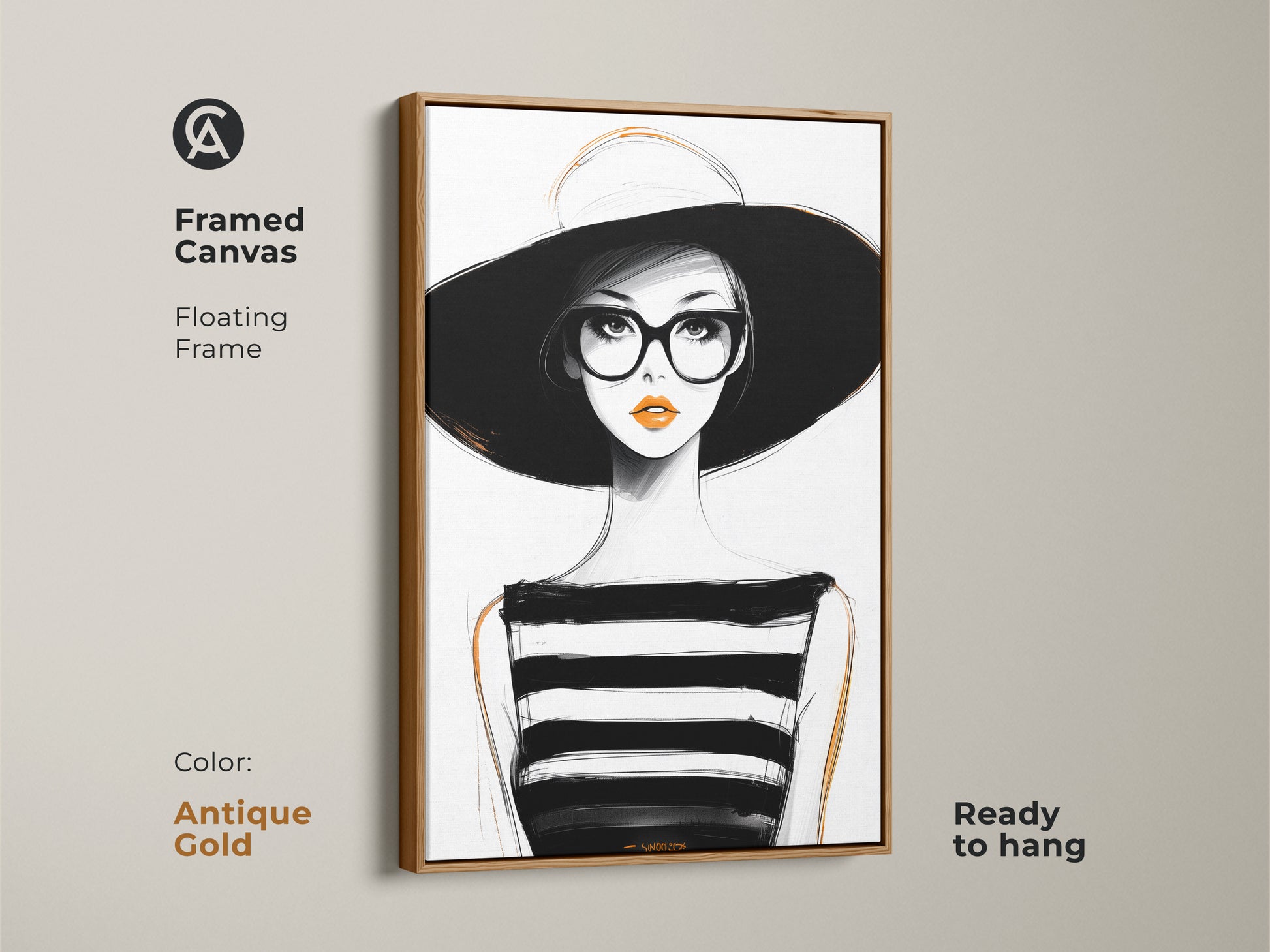 Framed canvas artwork of a minimalist woman. The antique gold floating frame adds a touch of glamour. This black white and orange art is ready to hang. It is ideal for a stylish fashion gift.