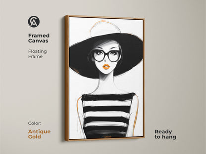 Framed canvas artwork of a minimalist woman. The antique gold floating frame adds a touch of glamour. This black white and orange art is ready to hang. It is ideal for a stylish fashion gift.