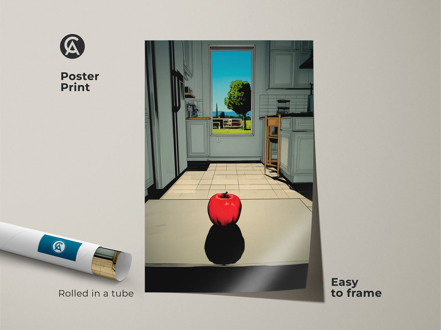 This is a poster print of a kitchen still life with a juicy red apple. The poster is easy to frame. This wall art is rolled in a protective tube. Buy posters and prints online today.