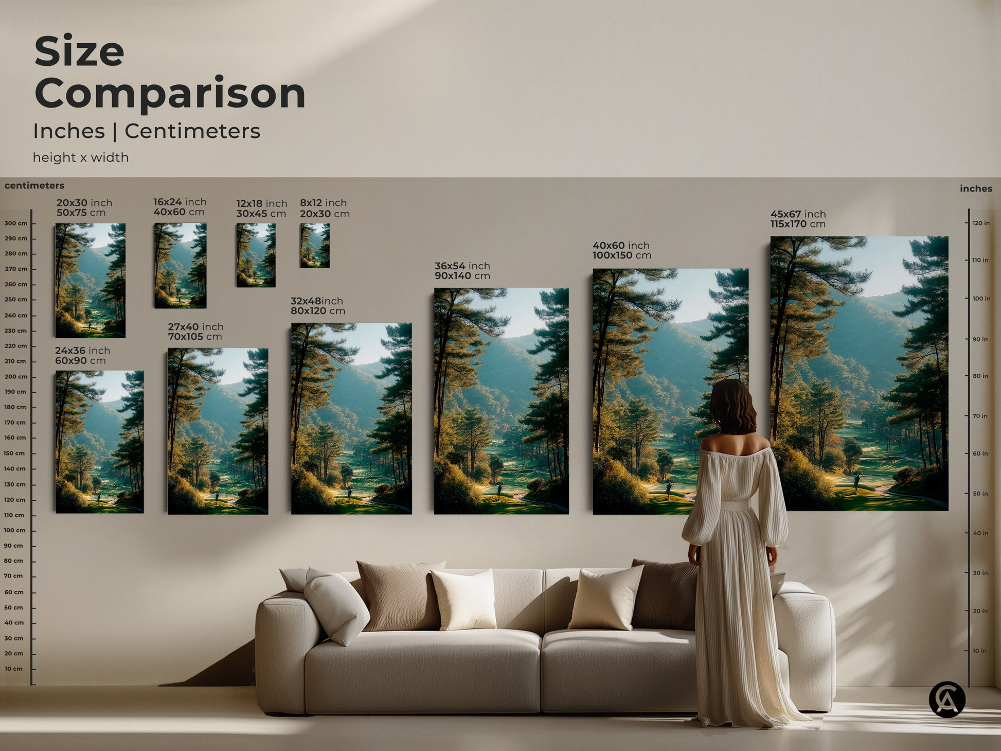 Size comparison of golf course artwork in inches and centimeters. See how the artwork fits above a sofa. Various sizes available to suit any room. Transform your living space with beautiful landscape art. Perfect for golf enthusiasts home decor.