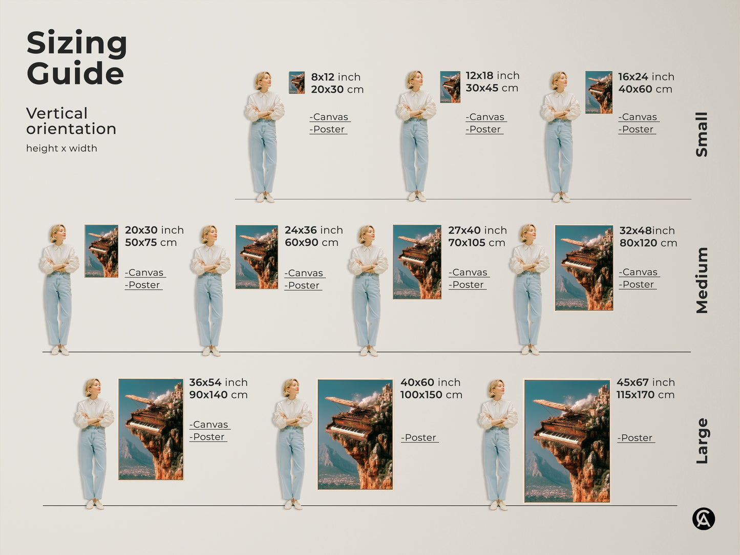 Sizing guide for the vertical steampunk piano art. Visual representation of sizes from 8x12 to 45x67 inches. Available as canvas or poster prints. Choose the perfect size to complement your eclectic home decor or studio.