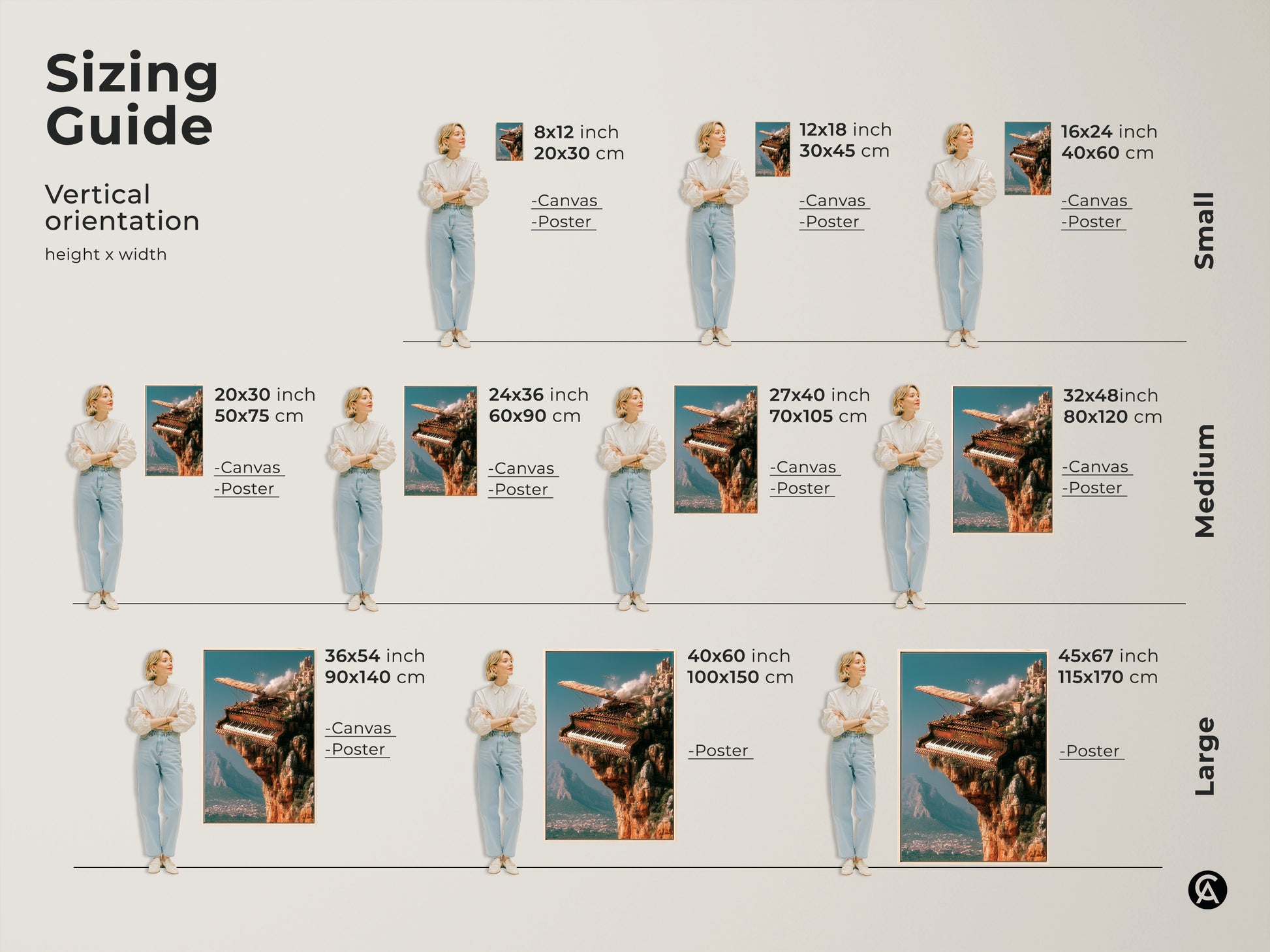 Sizing guide for the vertical steampunk piano art. Visual representation of sizes from 8x12 to 45x67 inches. Available as canvas or poster prints. Choose the perfect size to complement your eclectic home decor or studio.
