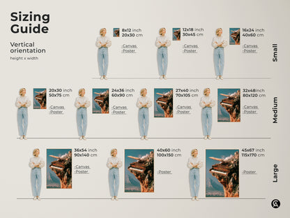 Sizing guide for the vertical steampunk piano art. Visual representation of sizes from 8x12 to 45x67 inches. Available as canvas or poster prints. Choose the perfect size to complement your eclectic home decor or studio.