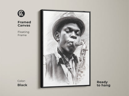 Framed canvas with a floating frame showcasing a pencil artwork of a jazz musician with his saxophone. The black frame enhances the monochrome art. Ready to hang this adds sophistication to any room. This framed canvas is perfect for music lovers who want a stylish piece.