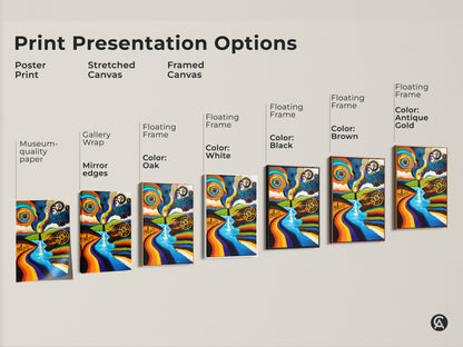 Various print presentation options for abstract surreal artwork are displayed. Choose from poster print stretched canvas or framed canvas. Find the perfect wall art for your home or office.