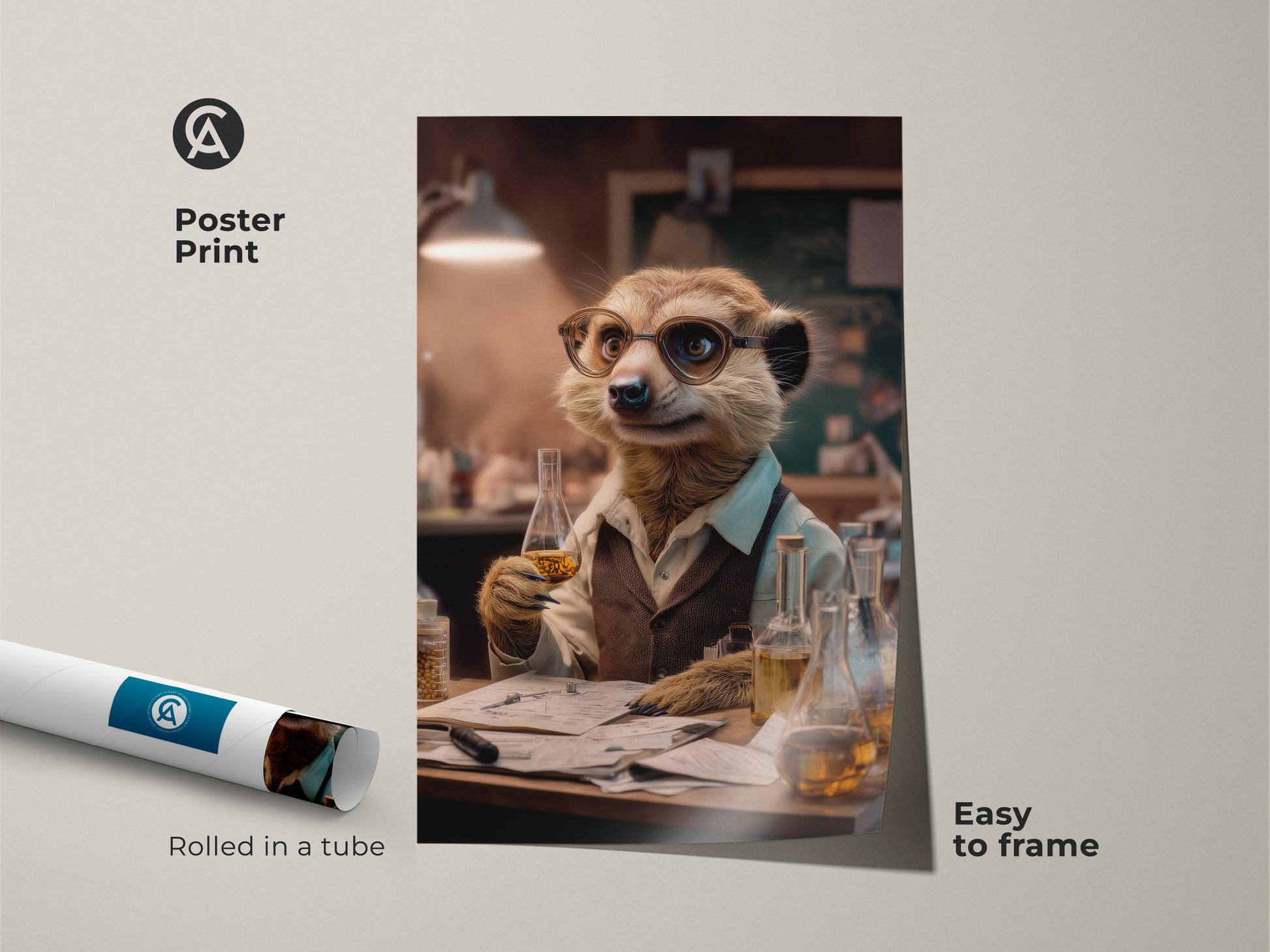 A poster print of the meerkat scientist artwork. Rolled in a tube for easy framing. This laboratory animal is a quirky addition to any space. The amber brown beige tones are vintage. Get it as a unique science gift.