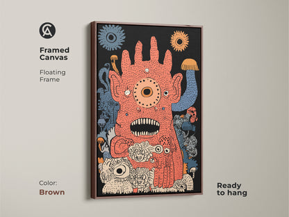 Framed canvas of a surreal monster painting. The whimsical fantasy art is displayed in a floating brown frame. This abstract orange blue artwork is ready to hang. Add a playful creature print to your oddity art wall decor. Perfect as a unique gift.