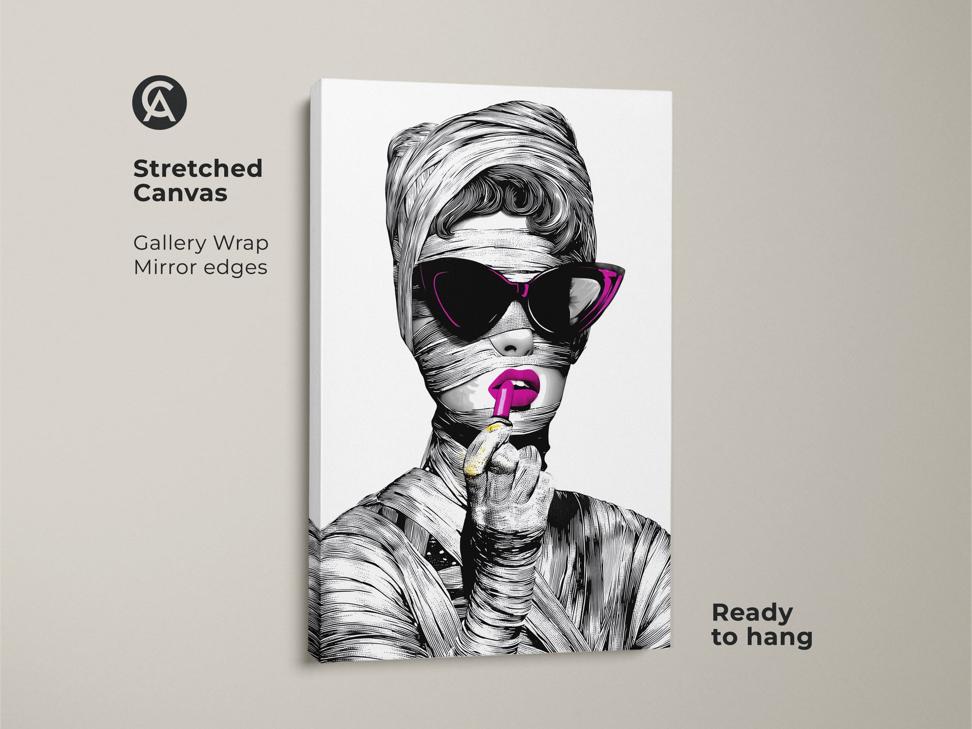Close up of a Stretched Canvas Print. This surreal fashion wall art shows a pop art woman portrait. She is wrapped in mummy bandages and wears magenta lipstick. The gallery wrapped canvas with mirror edges is ready to hang. It's a unique wall art gift.