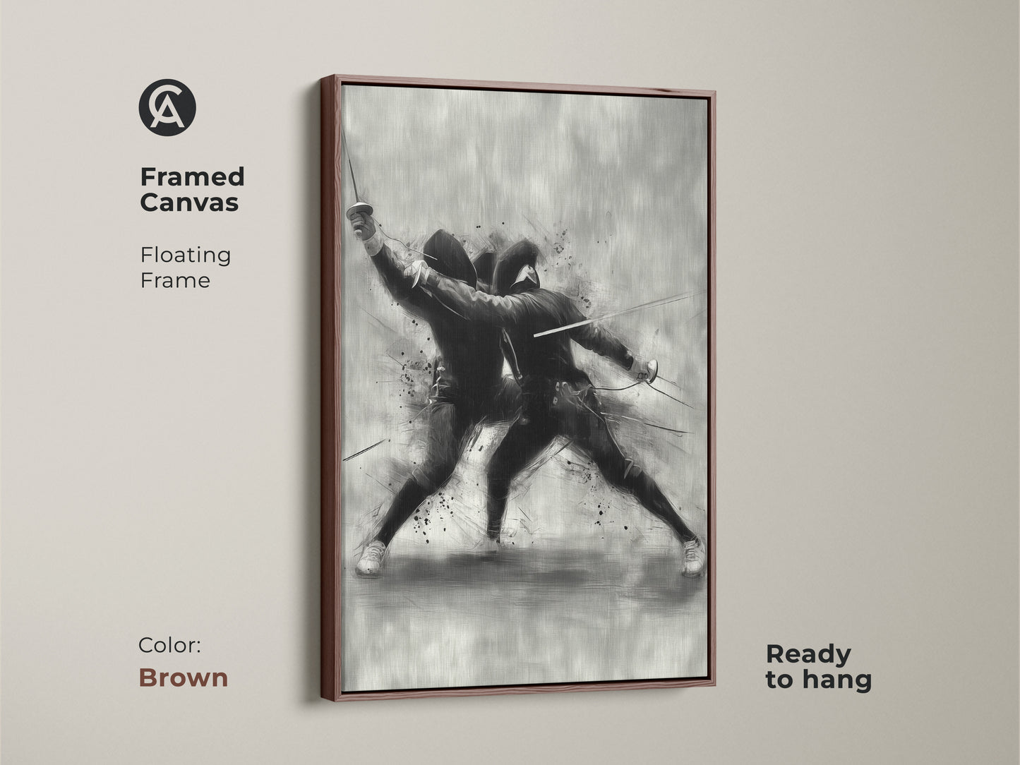 Framed canvas of a dynamic fencing duel with a brown floating frame. This modern sketch wall art is ready to hang. The black and white sports decor is an ideal gift art for athletes and fencers.