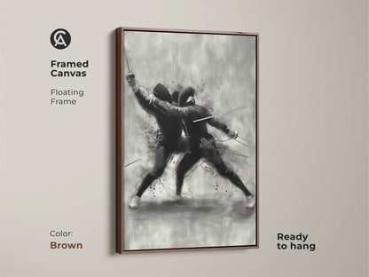 Framed canvas of a dynamic fencing duel with a brown floating frame. This modern sketch wall art is ready to hang. The black and white sports decor is an ideal gift art for athletes and fencers.