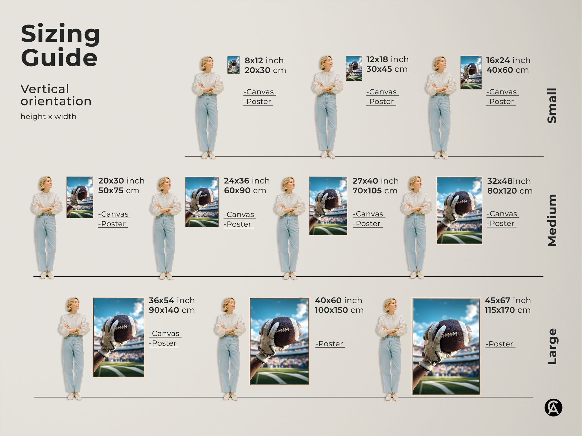 Sizing guide for realistic American Football canvas and poster prints. Find the ideal size for your space. Decorate your man cave or office with dynamic sports art.