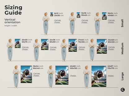 Sizing guide for realistic American Football canvas and poster prints. Find the ideal size for your space. Decorate your man cave or office with dynamic sports art.