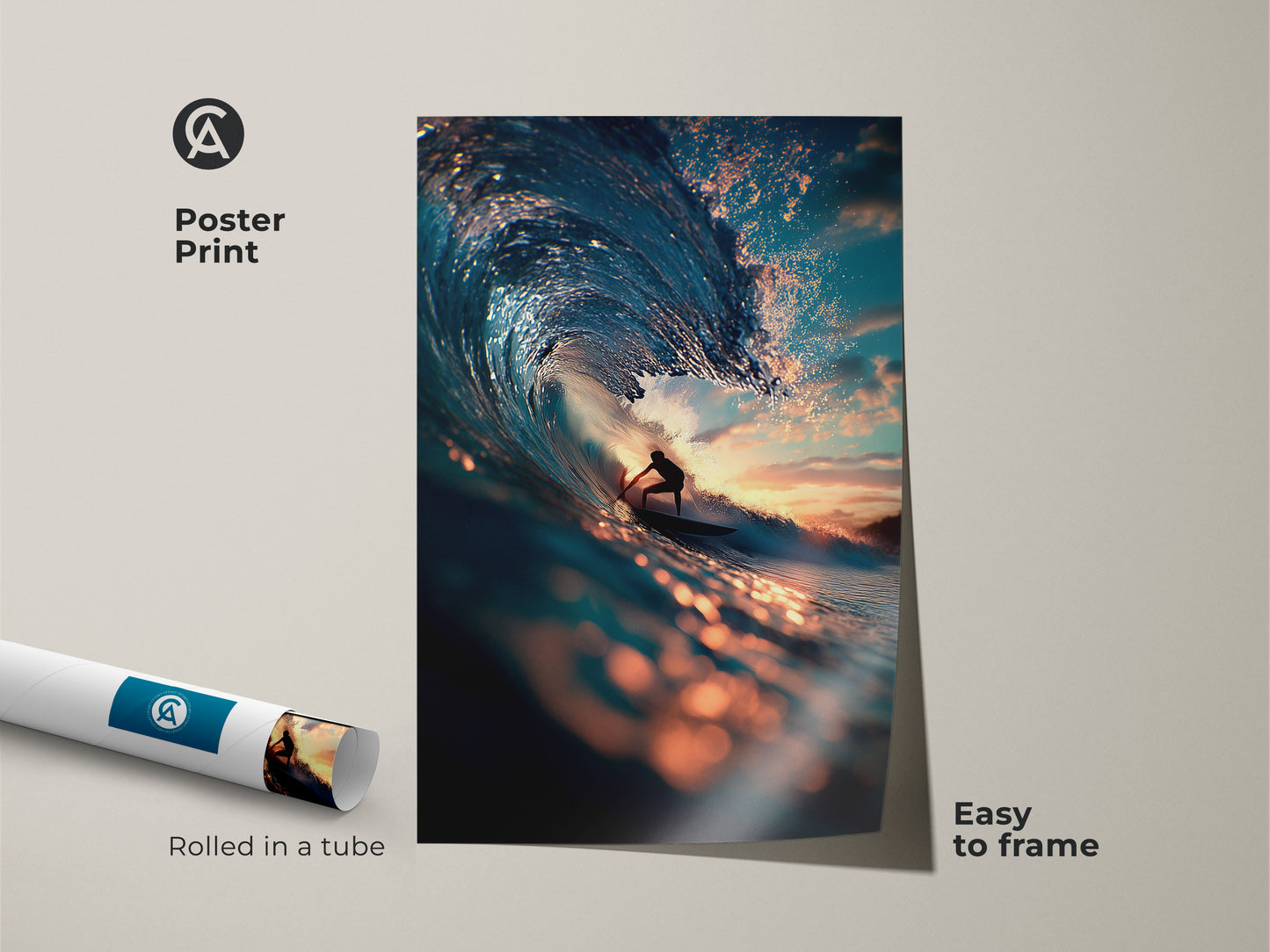 Get ready to frame this awesome surfer wave poster print. Rolled in a tube for easy shipping it's perfect for any surf art lover. The vibrant colors and dynamic composition capture the spirit of the ocean. Elevate your walls with this stunning piece.