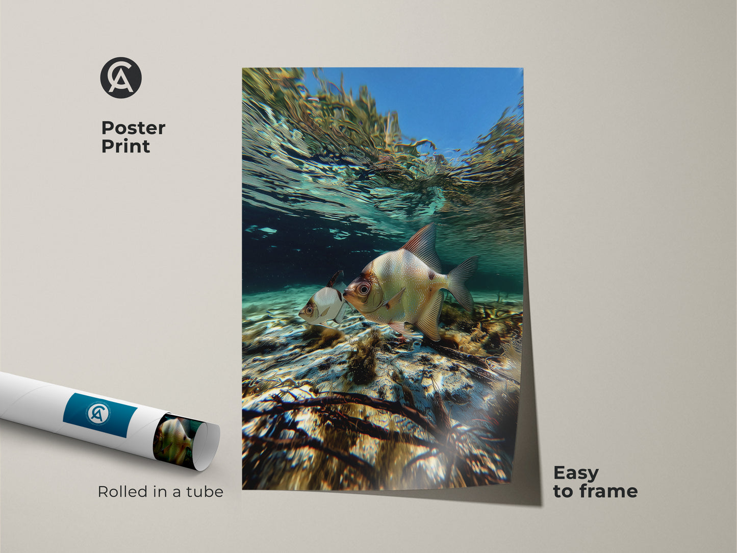 Poster print of underwater fish wall art rolled in a tube. Easy to frame blue teal aquatic artwork. Coastal ocean canvas print featuring two fish. Serene turquoise water and aquatic plants enhance the photorealistic sea life.
