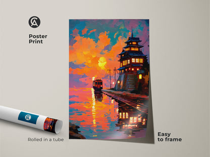 Poster print showcasing a colorful sunset artwork with a Japanese pagoda and train. Rolled in a tube for easy framing. This orange yellow and teal landscape offers eclectic charm. A unique travel gift for adding vibrant oriental art to your space.