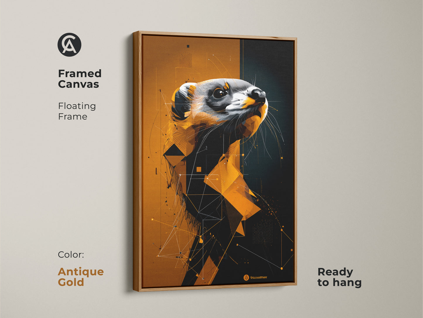Antique gold framed canvas with a floating frame displays geometric ferret artwork. A unique piece of geometric creature art perfect as a gift for animal lovers or stylish office print.