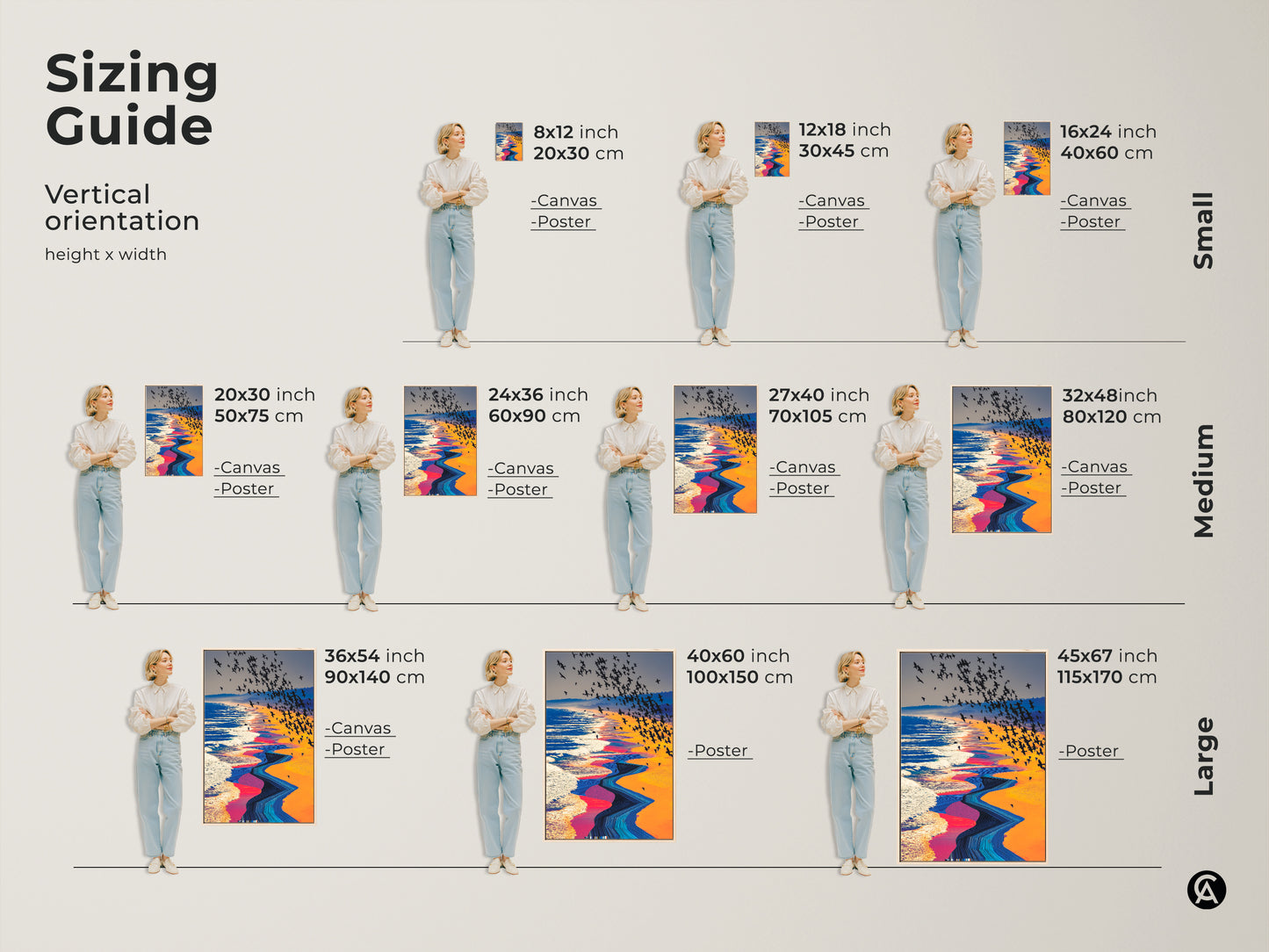 Sizing guide for vertical surreal beach art prints of a flock of birds over abstract ocean waves. Visualize small medium and large sizes for canvas and poster options. The artwork features orange yellow blue tones to enhance any space.