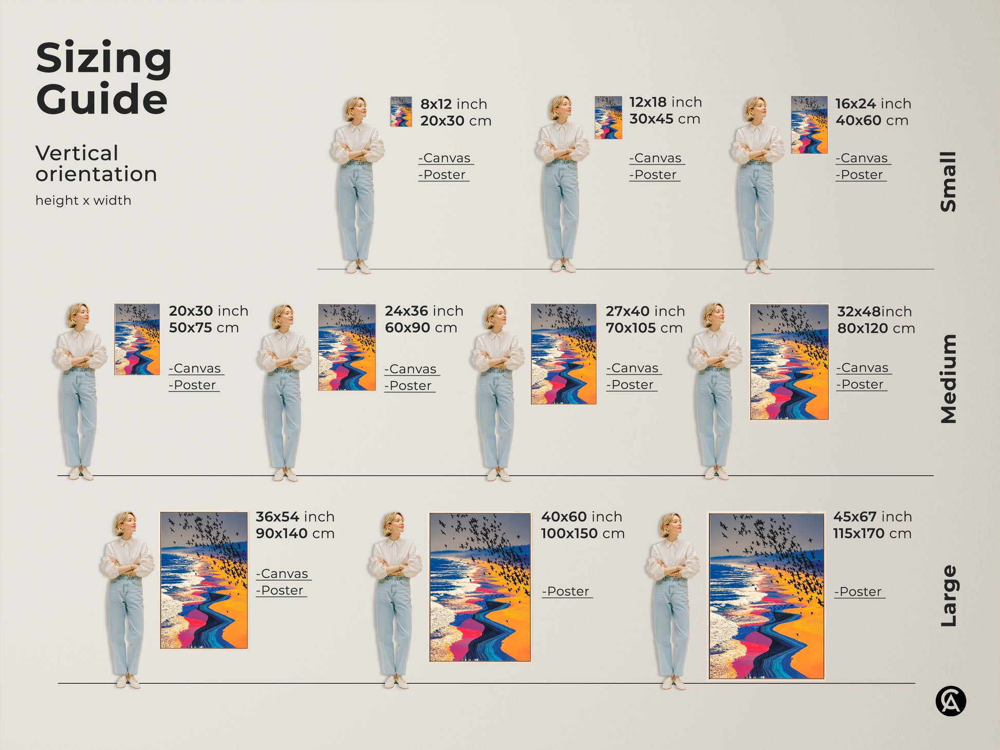 Sizing guide for vertical surreal beach art prints of a flock of birds over abstract ocean waves. Visualize small medium and large sizes for canvas and poster options. The artwork features orange yellow blue tones to enhance any space.