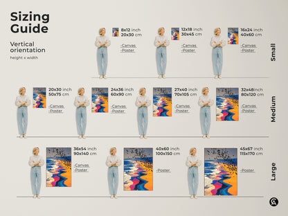 Sizing guide for vertical surreal beach art prints of a flock of birds over abstract ocean waves. Visualize small medium and large sizes for canvas and poster options. The artwork features orange yellow blue tones to enhance any space.