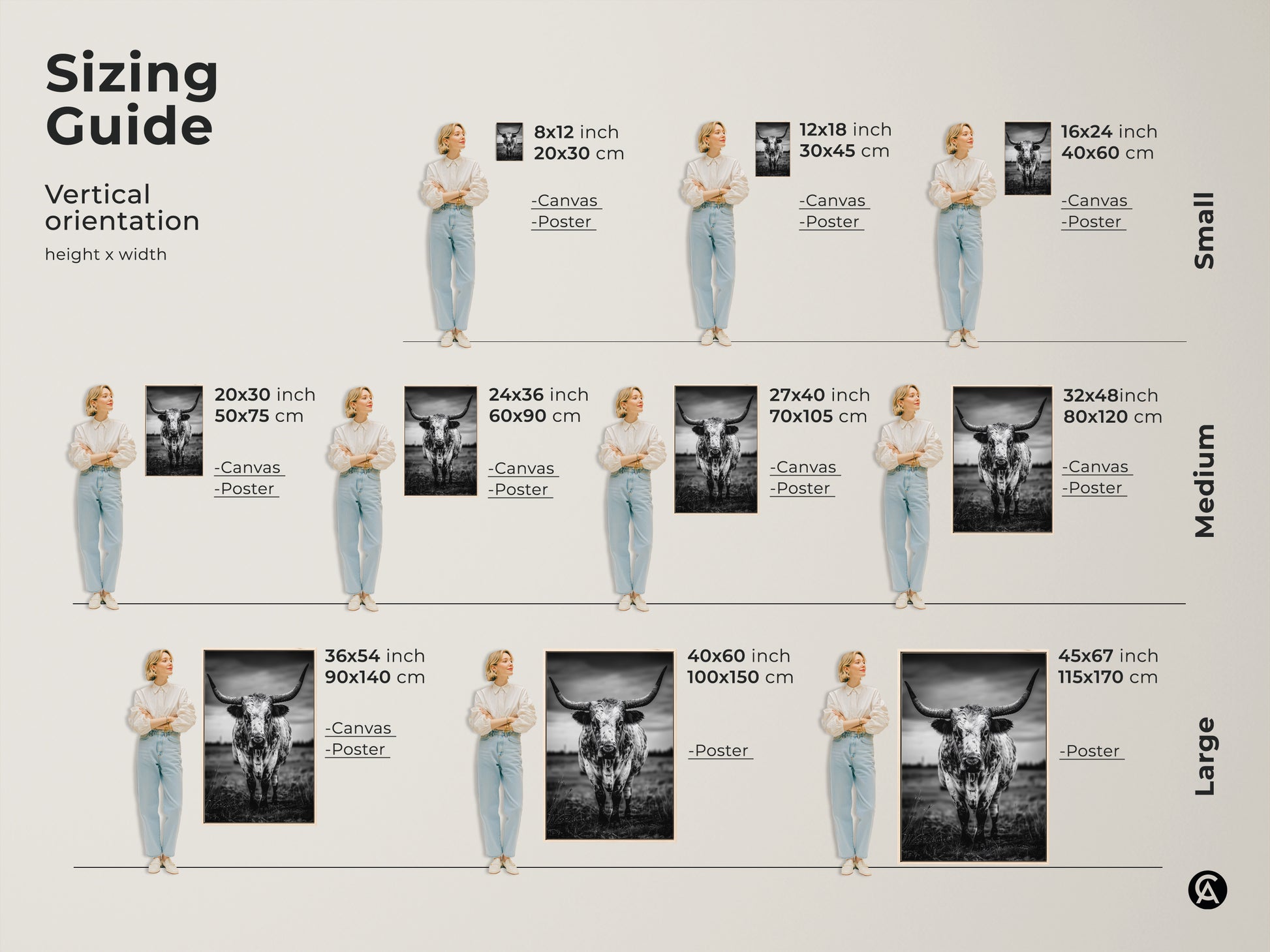 Sizing guide for the vertical orientation of a black and white Texas Longhorn canvas or poster. Available in small medium and large sizes. Visualize how this rustic cow artwork will fit in your space. The monochrome animal portrait will add character to entryways living rooms or home offices complementing farmhouse or modern interiors.
