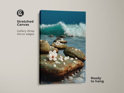 Stretched canvas art featuring a tranquil beach rocks and ocean wave scene. Cherry blossoms add elegance. This teal blue artwork is ready to hang. Perfect as coastal living room art.