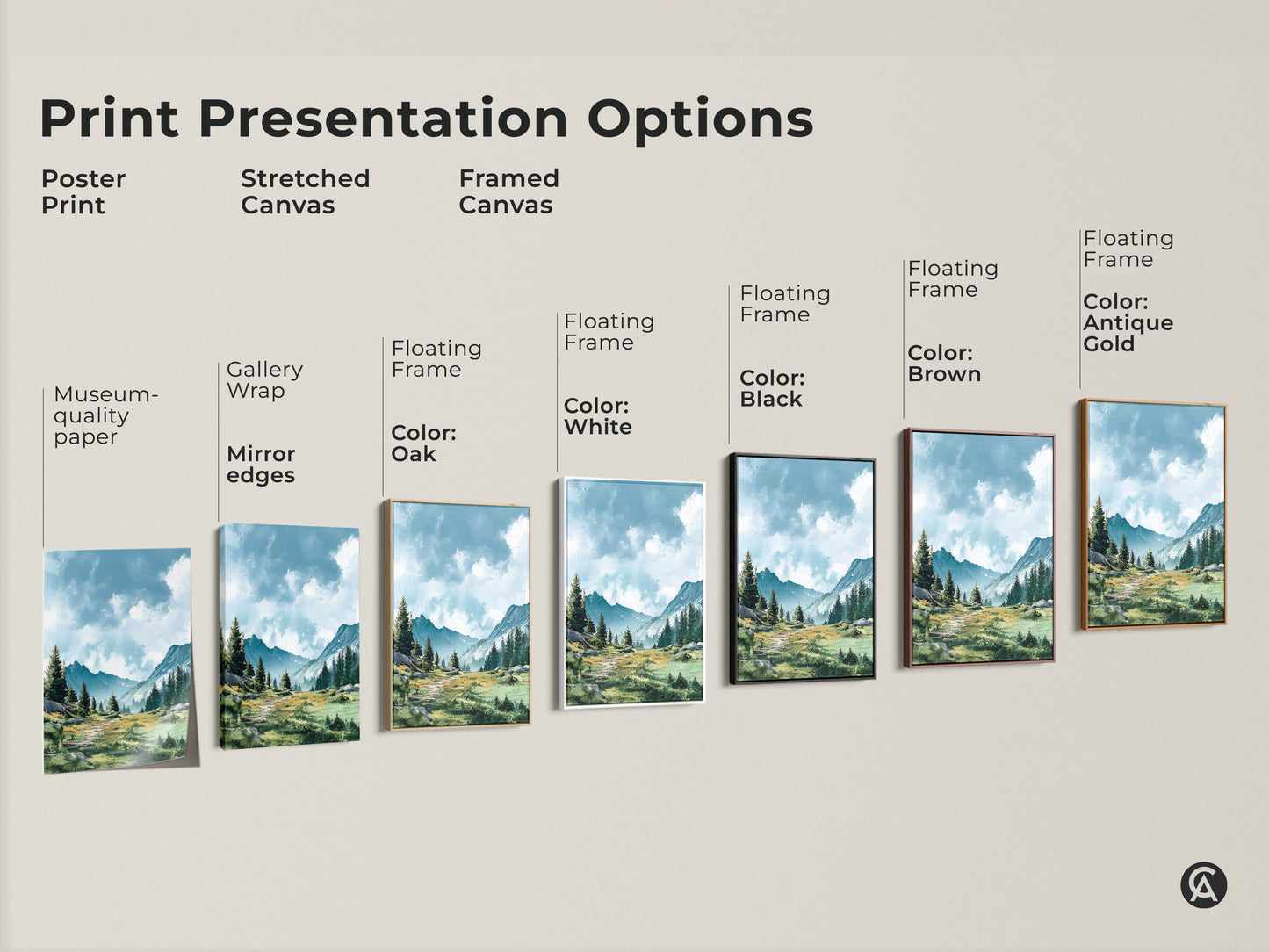 Explore presentation options for mountain landscape art. Choose from poster prints stretched canvases and framed canvases. Options include gallery wrap mirror edges and floating frames. Customize the perfect artwork for your space. Available in oak white black brown and antique gold frames.
