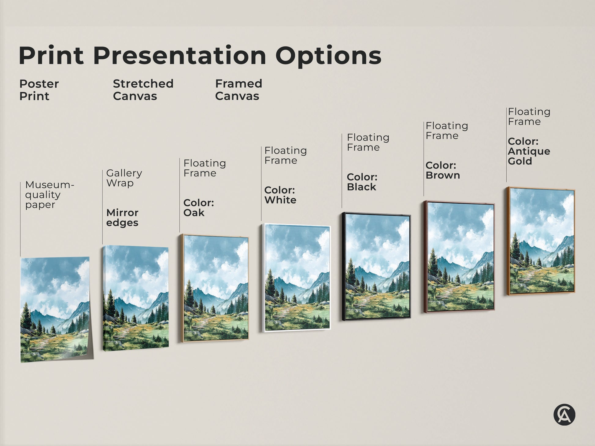 Explore presentation options for mountain landscape art. Choose from poster prints stretched canvases and framed canvases. Options include gallery wrap mirror edges and floating frames. Customize the perfect artwork for your space. Available in oak white black brown and antique gold frames.