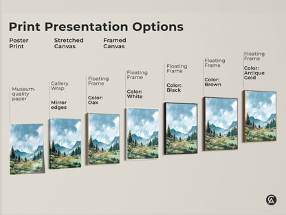 Explore presentation options for mountain landscape art. Choose from poster prints stretched canvases and framed canvases. Options include gallery wrap mirror edges and floating frames. Customize the perfect artwork for your space. Available in oak white black brown and antique gold frames.