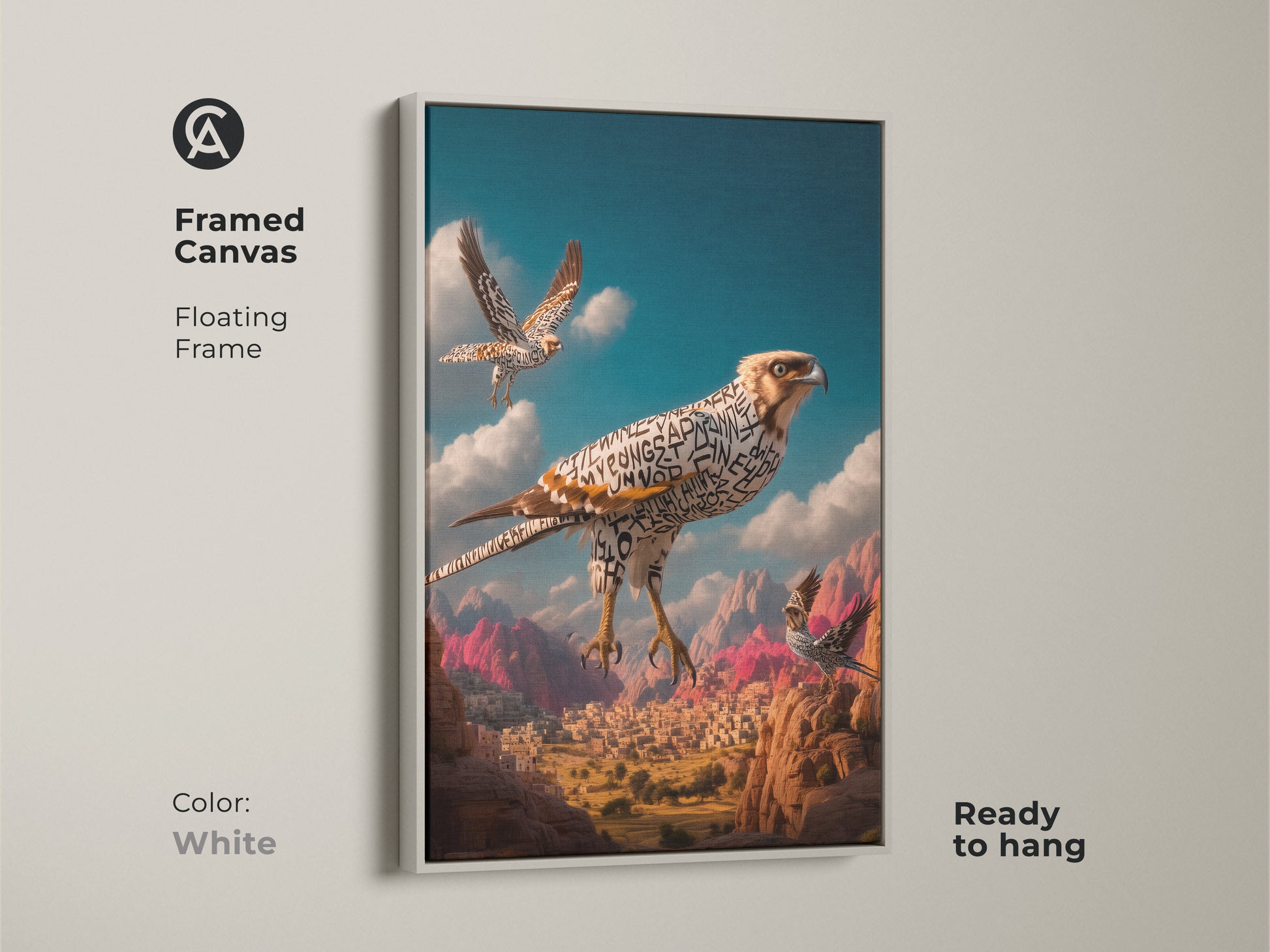 Explore print presentation options for the surreal falcon art. See poster prints stretched canvases and framed canvases. Options include museum-quality paper and floating frames. Customize with oak black brown and antique gold. Find the perfect finish for eclectic wall decor.