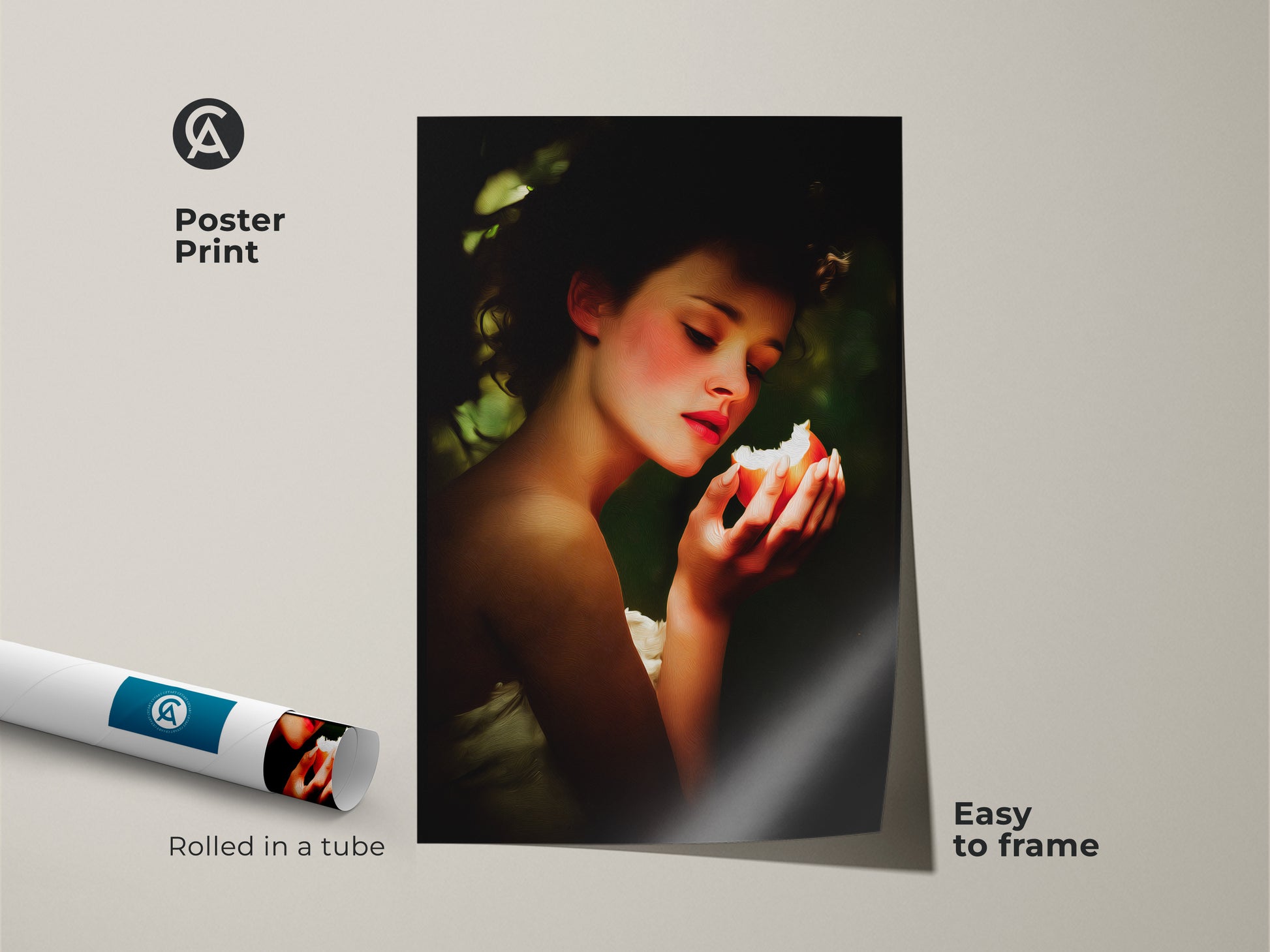 Poster Print features Renaissance woman portrait art rolled in a tube. The classic still life wall art shows a woman with peach and green apple. Perfect as eclectic bedroom decor. An ideal gift for art lovers anniversary. This easy to frame artwork adds vintage aesthetic.