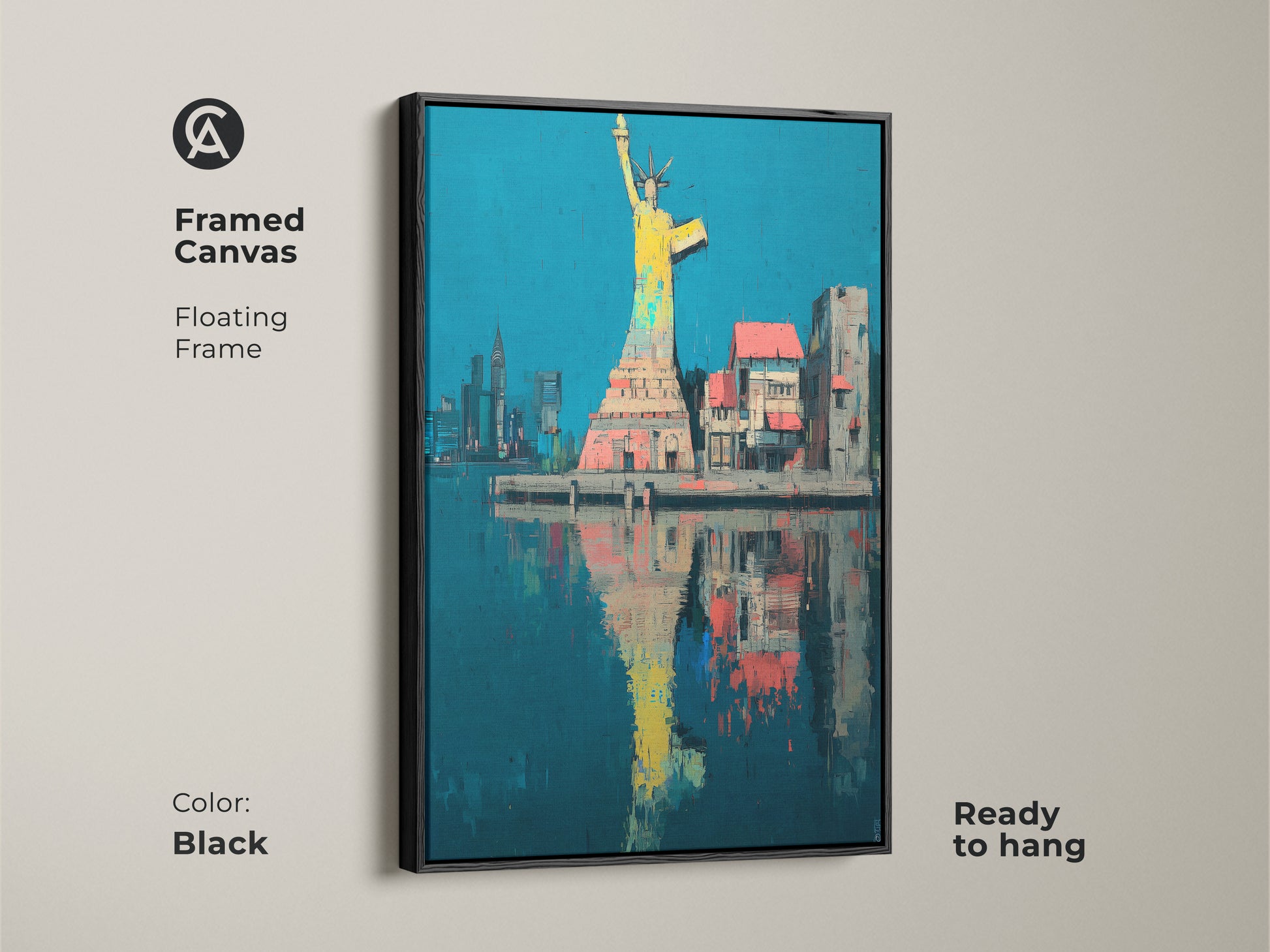 Framed Statue of Liberty canvas. This abstract NYC skyline comes in a black floating frame. The yellow blue and teal artwork is ready to hang. This modern office wall art is a striking addition to any home or office decor. Great as city view art print.