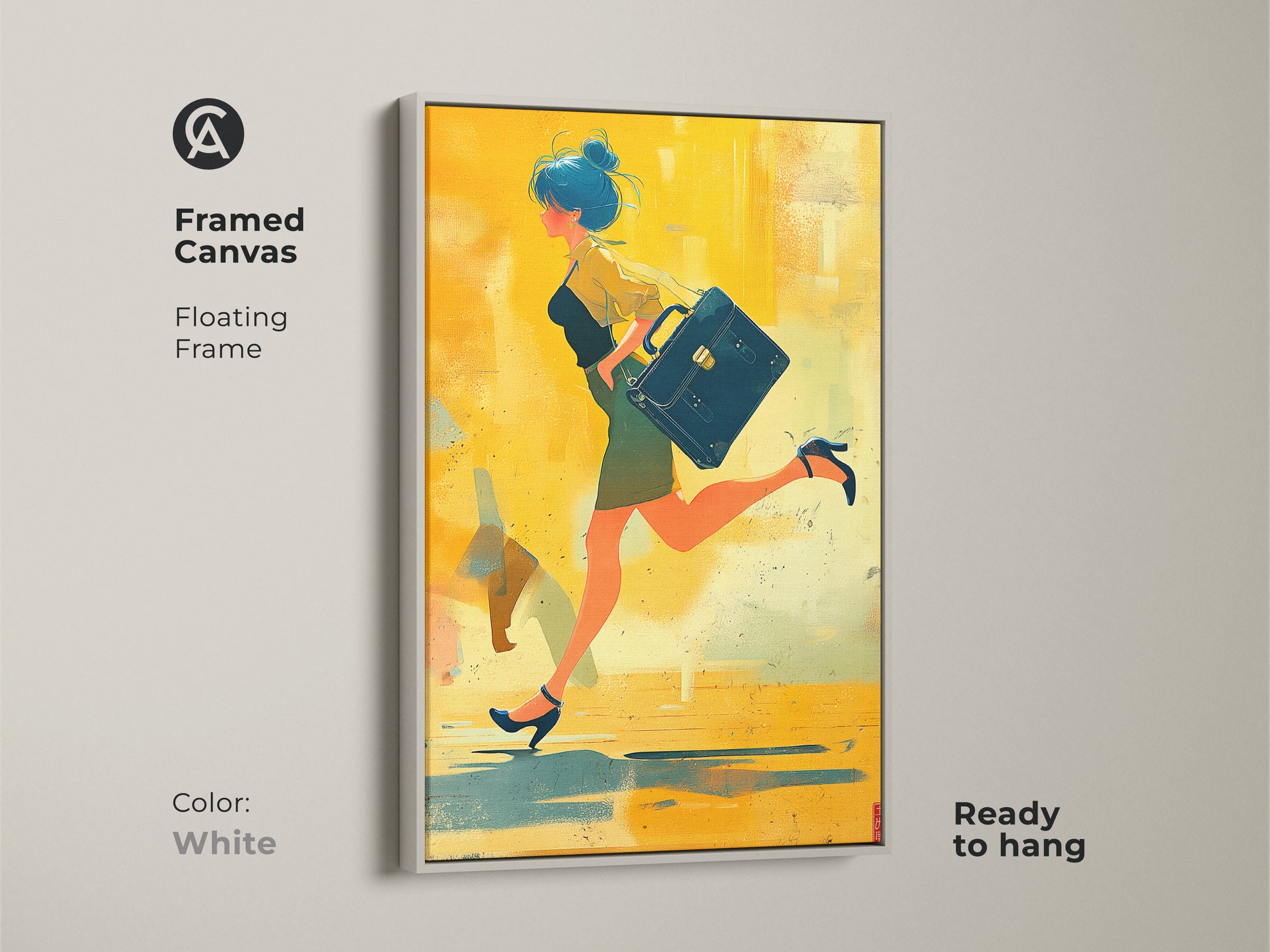 Framed canvas with white floating frame showing a woman with a briefcase. The yellow orange teal art is ready to hang. This contemporary gift for her is perfect for modern home office art.