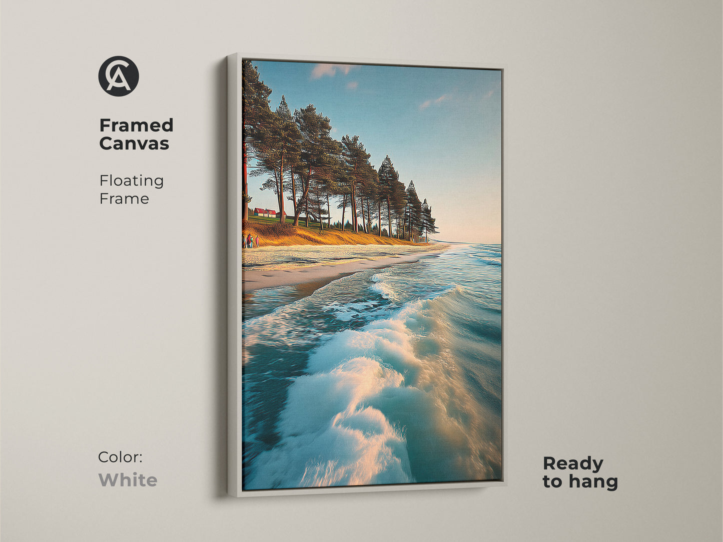 White framed canvas featuring a floating frame with ocean waves and pine trees. This blue teal wall art provides a clean modern look. It is a perfect piece of bedroom wall decor for beach lovers.
