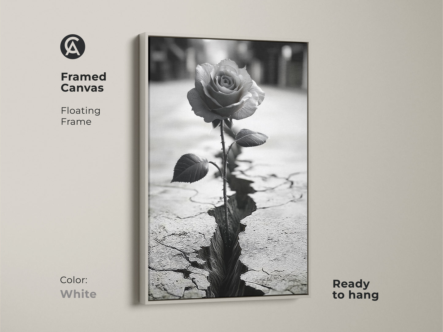 Framed canvas art with a white floating frame. Features a monochrome rose blooming from cracked ground. This black and white rose art symbolizes resilience and nature. A contemporary piece ready to hang. Ideal for modern surrealist decor or a thoughtful housewarming gift.