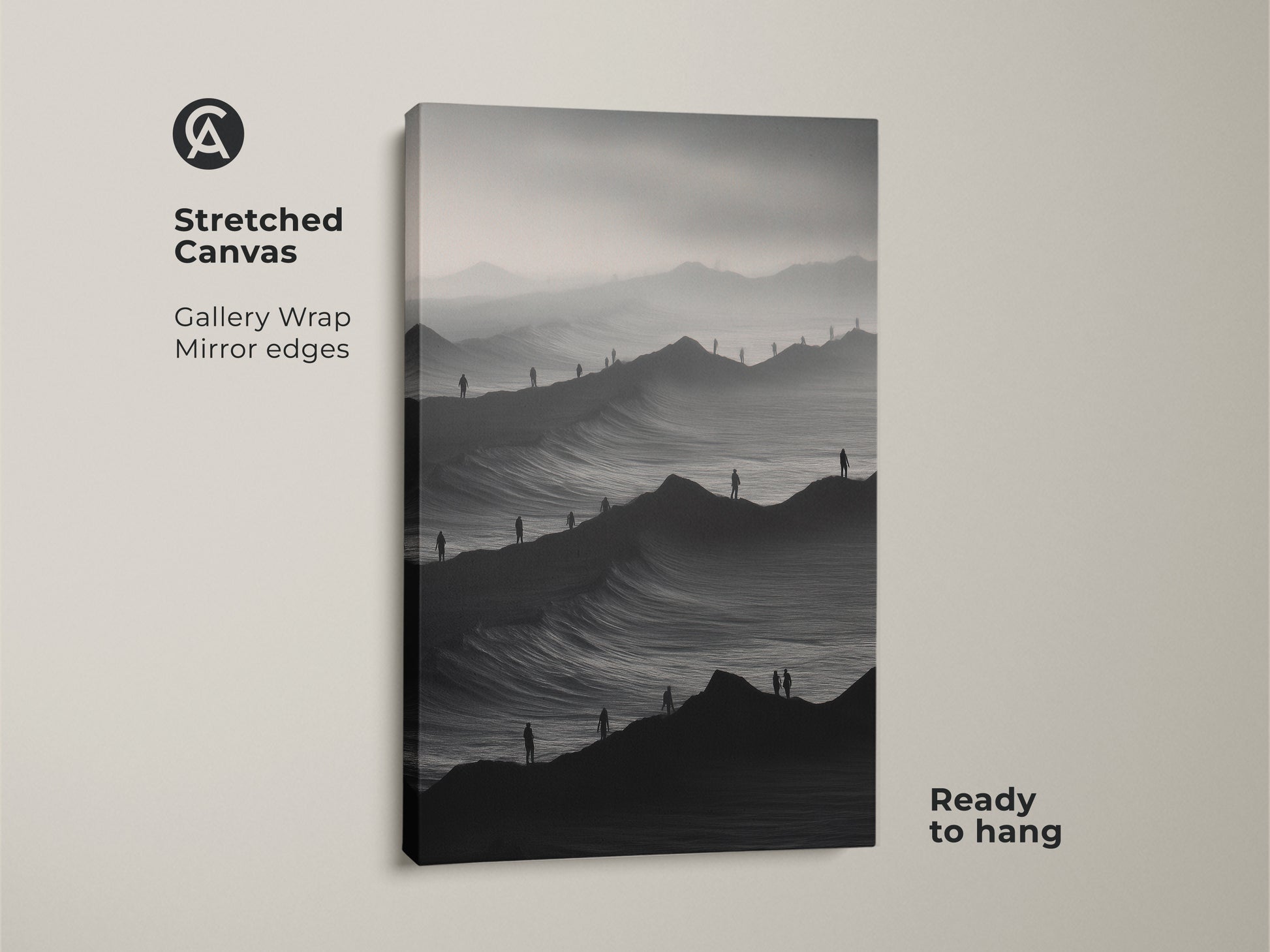 Stretched canvas art print showcases a monochrome mountain scene. Abstract figures enhance this surreal landscape print. The gallery wrapped canvas with mirror edges is ready to hang. Ideal black and white bedroom decor. This minimalist artwork brings a modern touch.