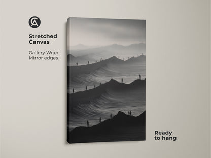Stretched canvas art print showcases a monochrome mountain scene. Abstract figures enhance this surreal landscape print. The gallery wrapped canvas with mirror edges is ready to hang. Ideal black and white bedroom decor. This minimalist artwork brings a modern touch.