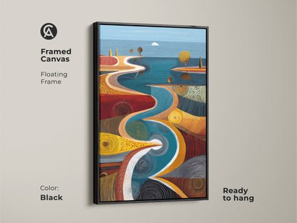 Framed canvas featuring a captivating abstract landscape. This teal blue and orange river path artwork is ready to hang. The black floating frame enhances this nature-inspired wall art. A great housewarming gift idea.