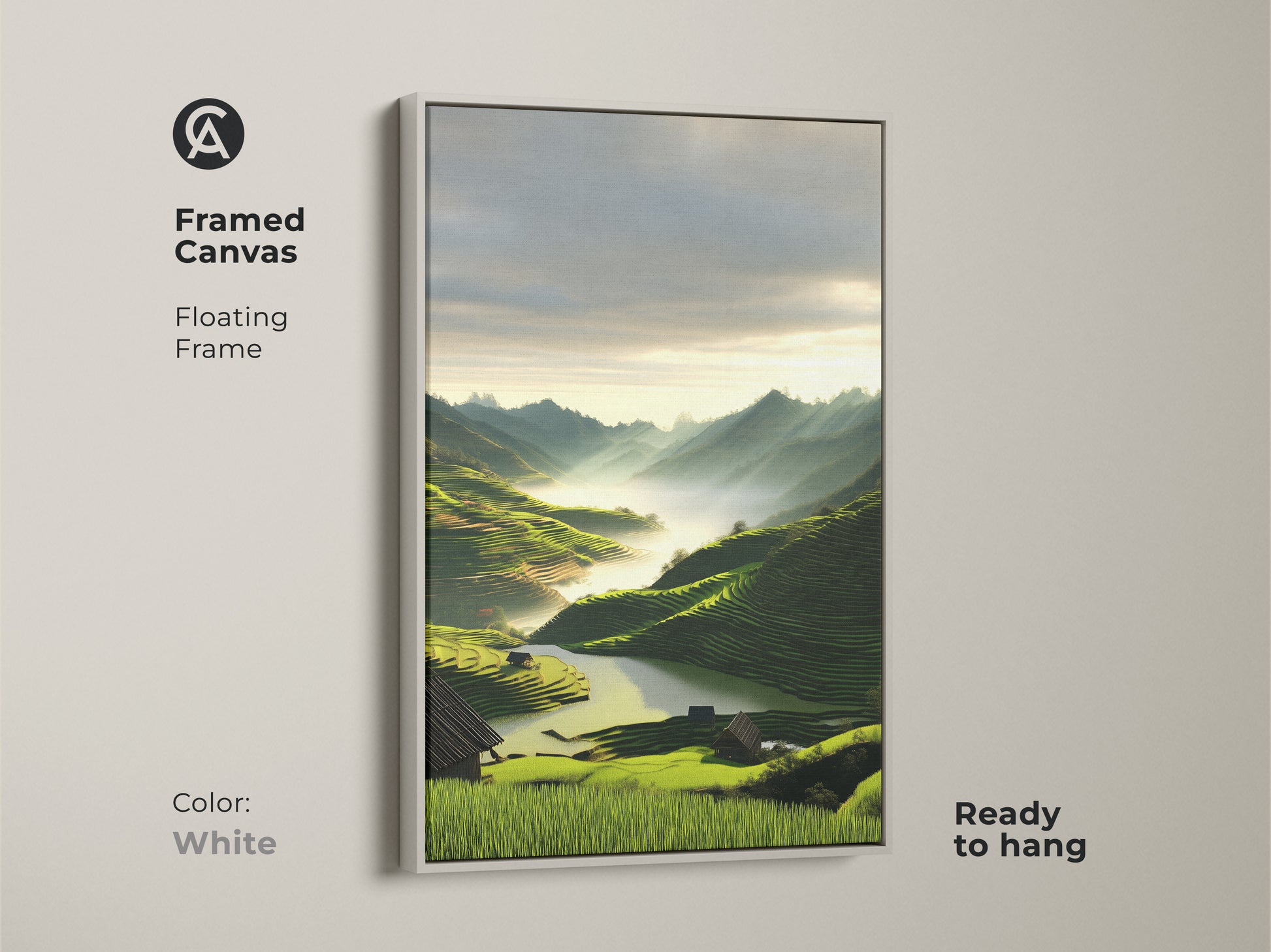 White framed canvas print of a scenic mountain landscape. This contemporary artwork displays emerald green terraced fields. Enhance your home decor with this modern nature inspired art. This landscape is ready to hang and perfect as a housewarming gift.