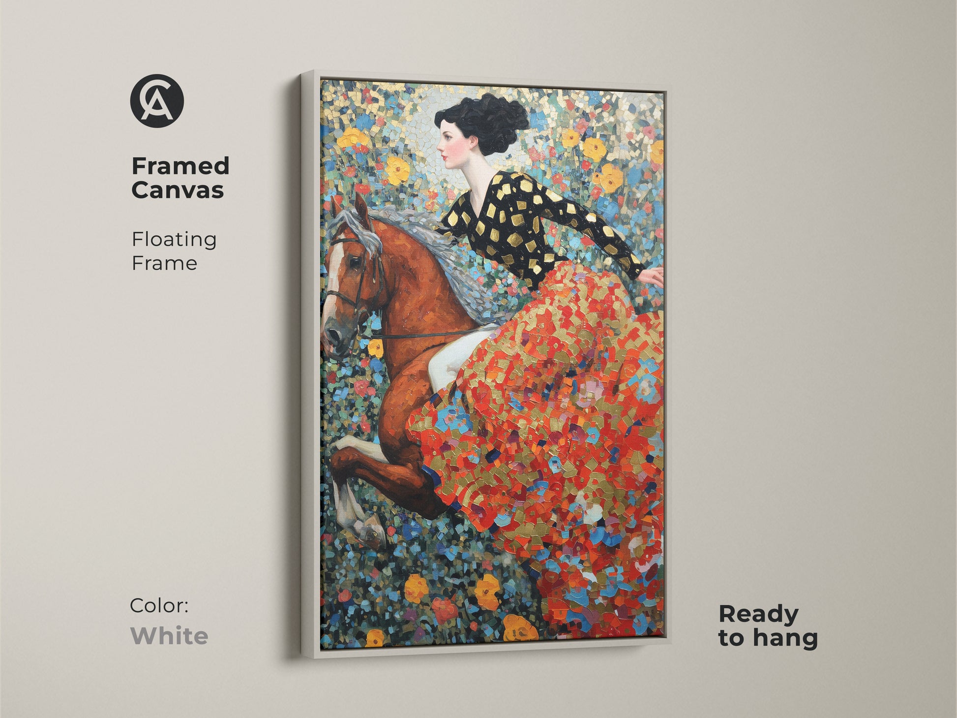 Framed canvas art featuring a woman riding a horse amidst a floral background. The floating frame is white and ready to hang. This equestrian art print blends red gold and blue hues. Add a touch of bohemian flair to your space. It's a perfect gift for horse enthusiasts.