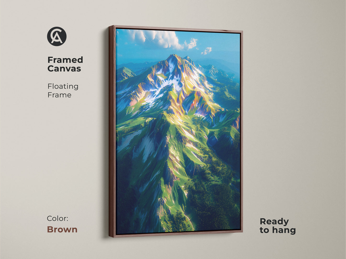 Framed canvas artwork showcasing a beautiful mountain landscape. The floating frame in a brown finish complements the artwork. Ready to hang and easy to display this artwork. This fine art print adds a touch of nature to any room. Elevate your home decor.