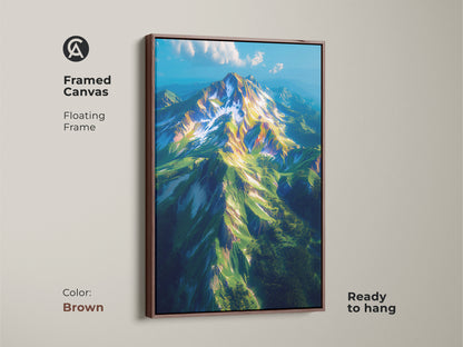 Framed canvas artwork showcasing a beautiful mountain landscape. The floating frame in a brown finish complements the artwork. Ready to hang and easy to display this artwork. This fine art print adds a touch of nature to any room. Elevate your home decor.