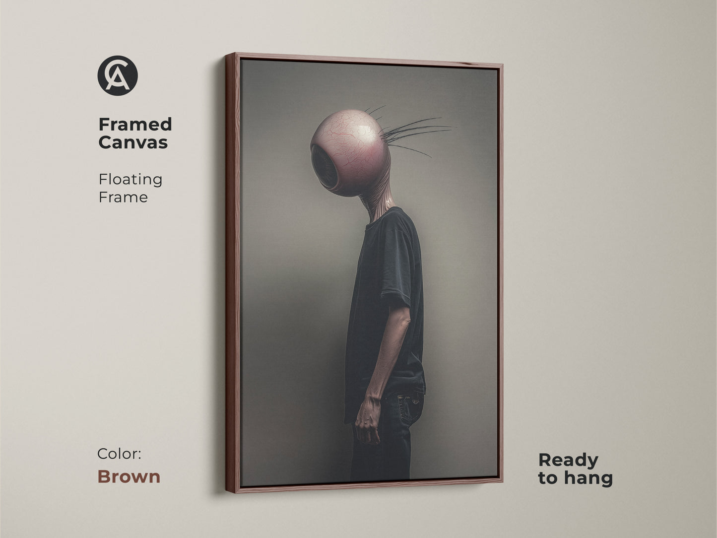 Surreal eyeball head alien artwork with a brown floating frame. This framed canvas is ready to hang and adds an eclectic touch to any space. Perfect as a bizarre gift for fans of surrealism it provides dark art for bedroom decor. This alternative artwork is a unique piece.