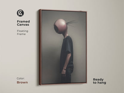 Surreal eyeball head alien artwork with a brown floating frame. This framed canvas is ready to hang and adds an eclectic touch to any space. Perfect as a bizarre gift for fans of surrealism it provides dark art for bedroom decor. This alternative artwork is a unique piece.