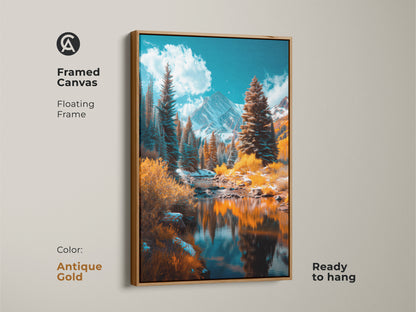Adorn your walls with framed canvas art. The antique gold floating frame adds a touch of elegance to the mountain scene artwork. A sophisticated choice ready to hang.