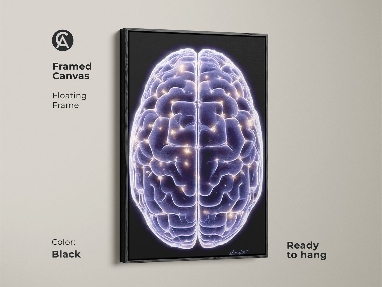 Framed canvas of the Science Brain art print. This abstract neuron canvas wall art glows in purple and blue. Ready to hang modern neuroscience art makes an ideal office decor gift.