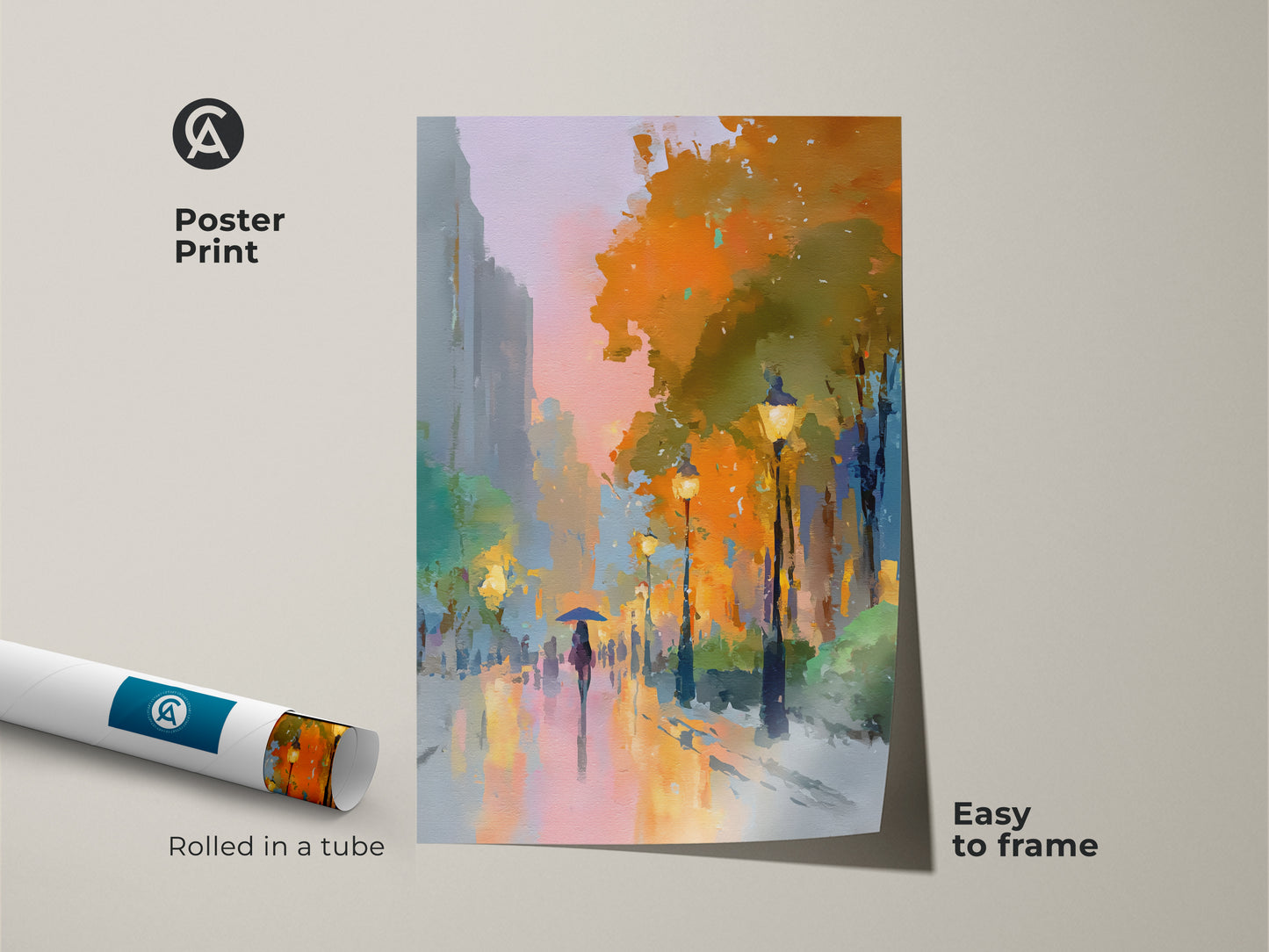 Poster print of a colorful impressionist cityscape. The artwork displays a person with an umbrella and glowing street lamps. Rolled in a tube this easy to frame art adds a moody urban feel. Ideal for art lovers.