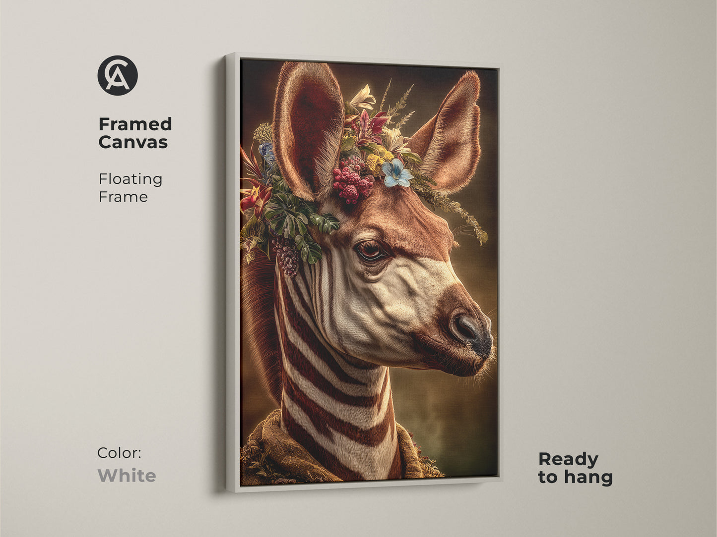 Framed canvas featuring a zebra with a crown of flowers. The white floating frame complements this dark academia wall art. Ready to hang this earthy tones artwork in any room. This gothic animal portrait is a unique animal art print for your home.