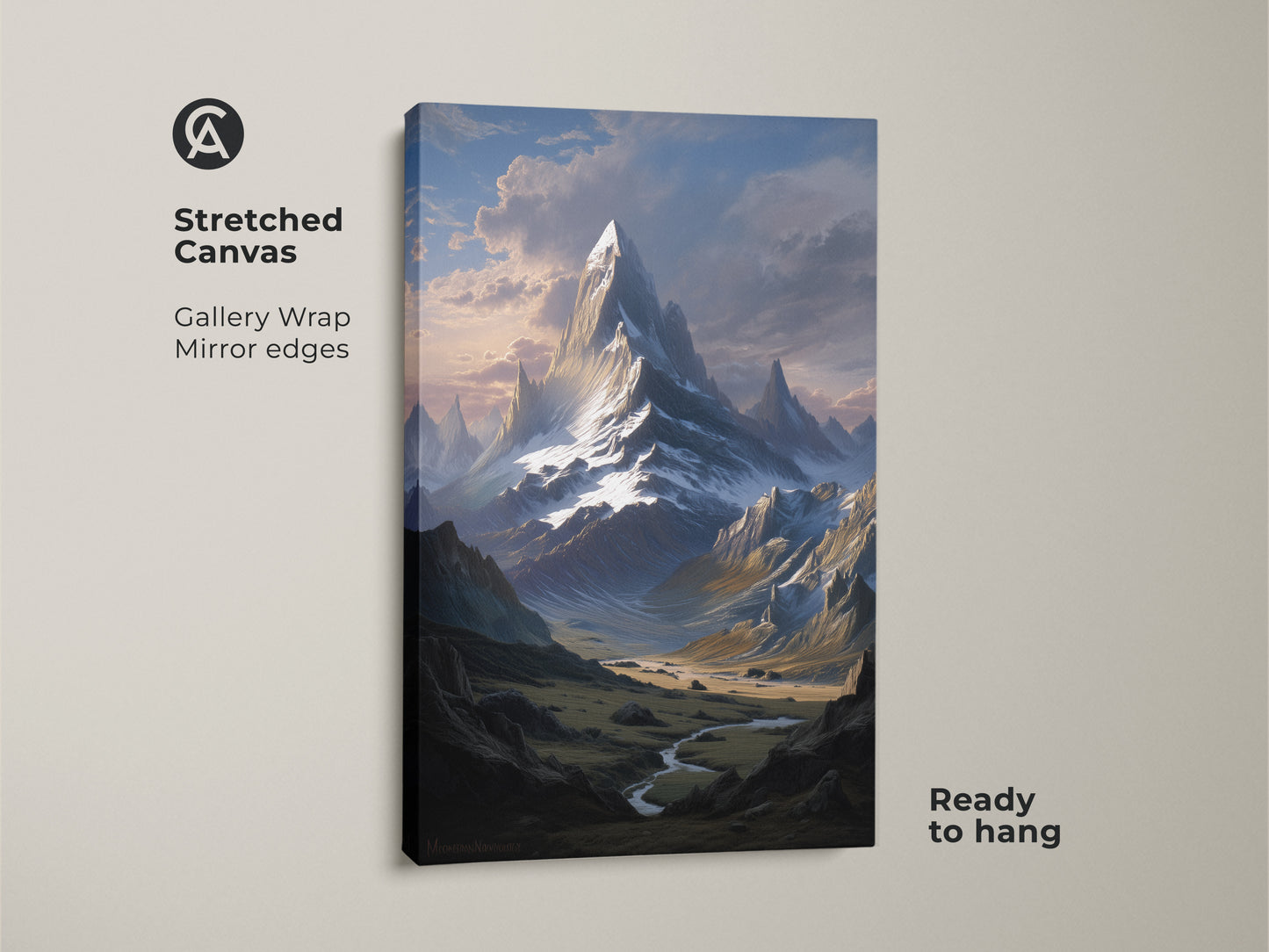 A stretched canvas gallery wrap presents a realistic landscape print of a snowy mountain. This river valley wall art is ready to hang. It offers a scenic nature artwork for bedroom decor.